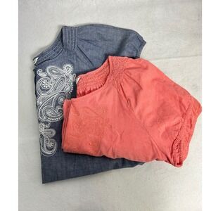 Boho Peasant Croft & Barrow Women XL Pink Blue Embroidered Smocked Blouse Bundle